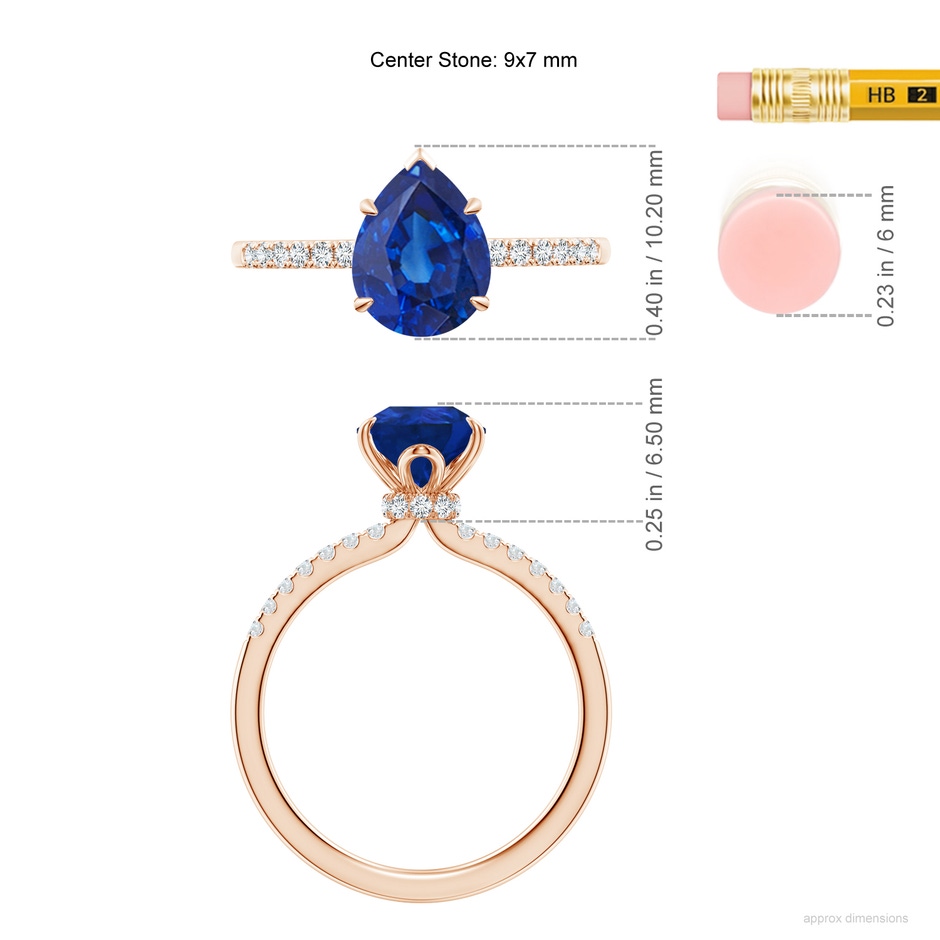 9x7mm AAA Pear-Shaped Blue Sapphire Hidden Halo Engagement Ring in 18K Rose Gold ruler