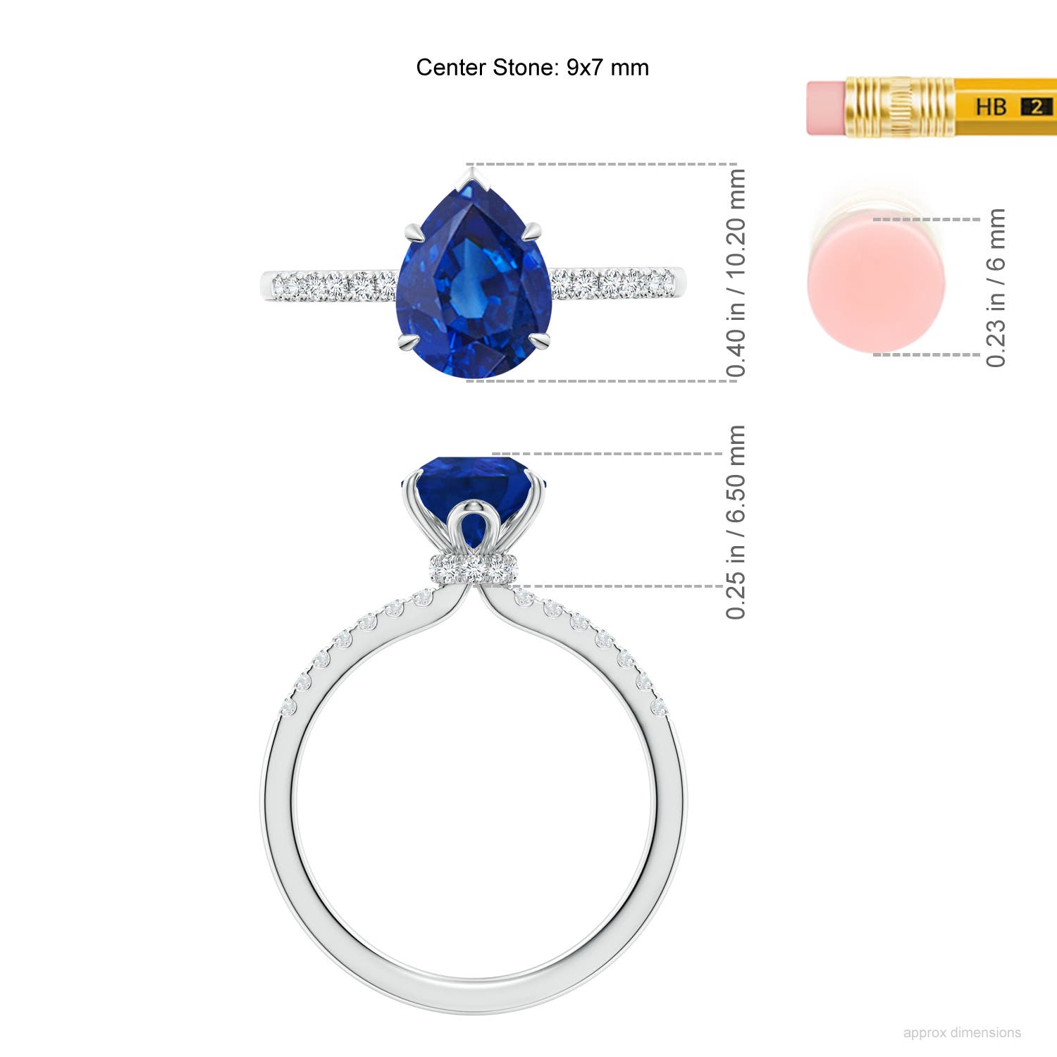 9x7mm AAA Pear-Shaped Blue Sapphire Hidden Halo Engagement Ring in White Gold - ruler