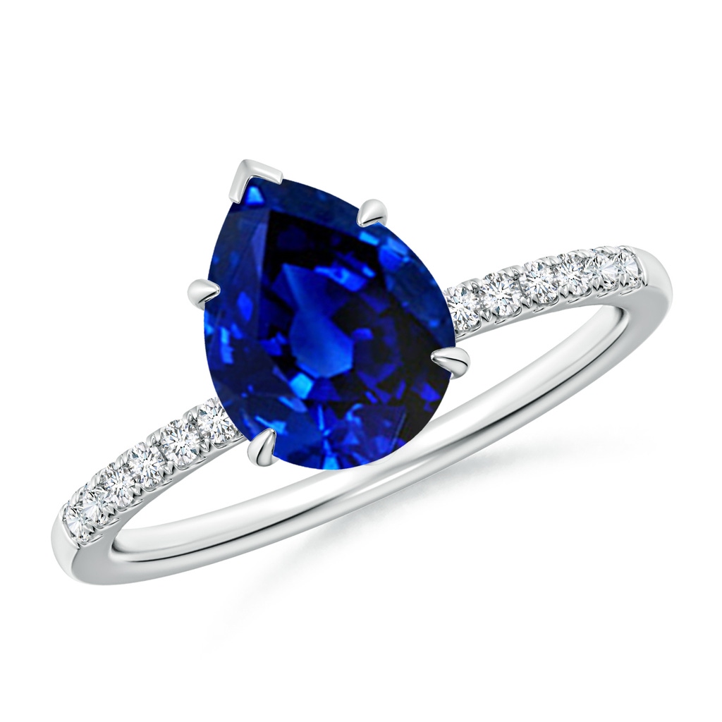 9x7mm Lab-Grown Pear-Shaped Blue Sapphire Hidden Halo Engagement Ring in White Gold