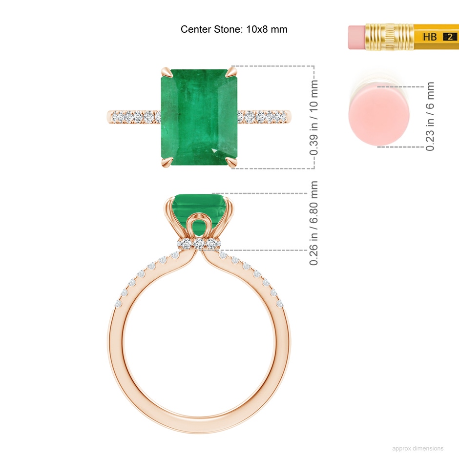 10x8mm A Emerald-Cut Emerald Hidden Halo Engagement Ring in Rose Gold ruler