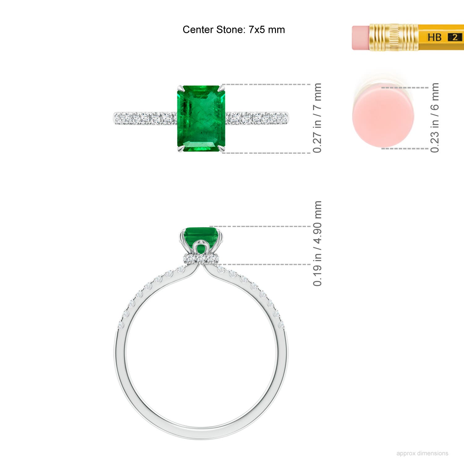 7x5mm AAA Emerald-Cut Emerald Hidden Halo Engagement Ring in White Gold - ruler