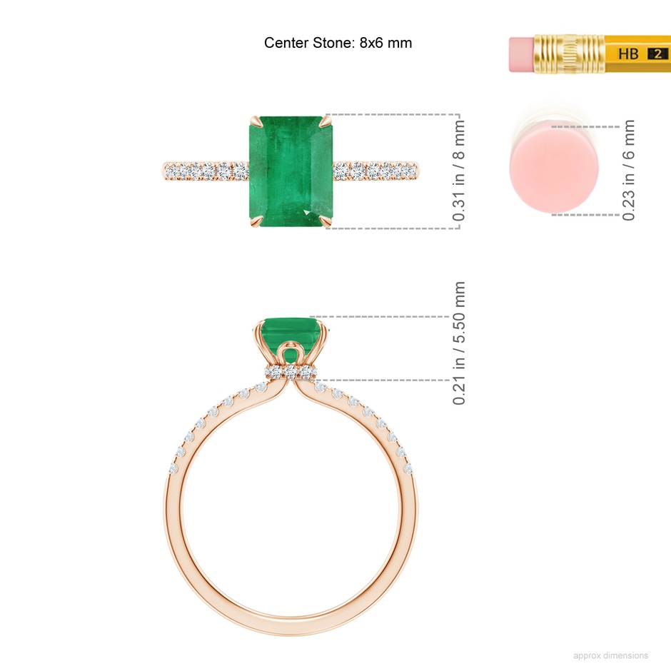 8x6mm A Emerald-Cut Emerald Hidden Halo Engagement Ring in Rose Gold ruler