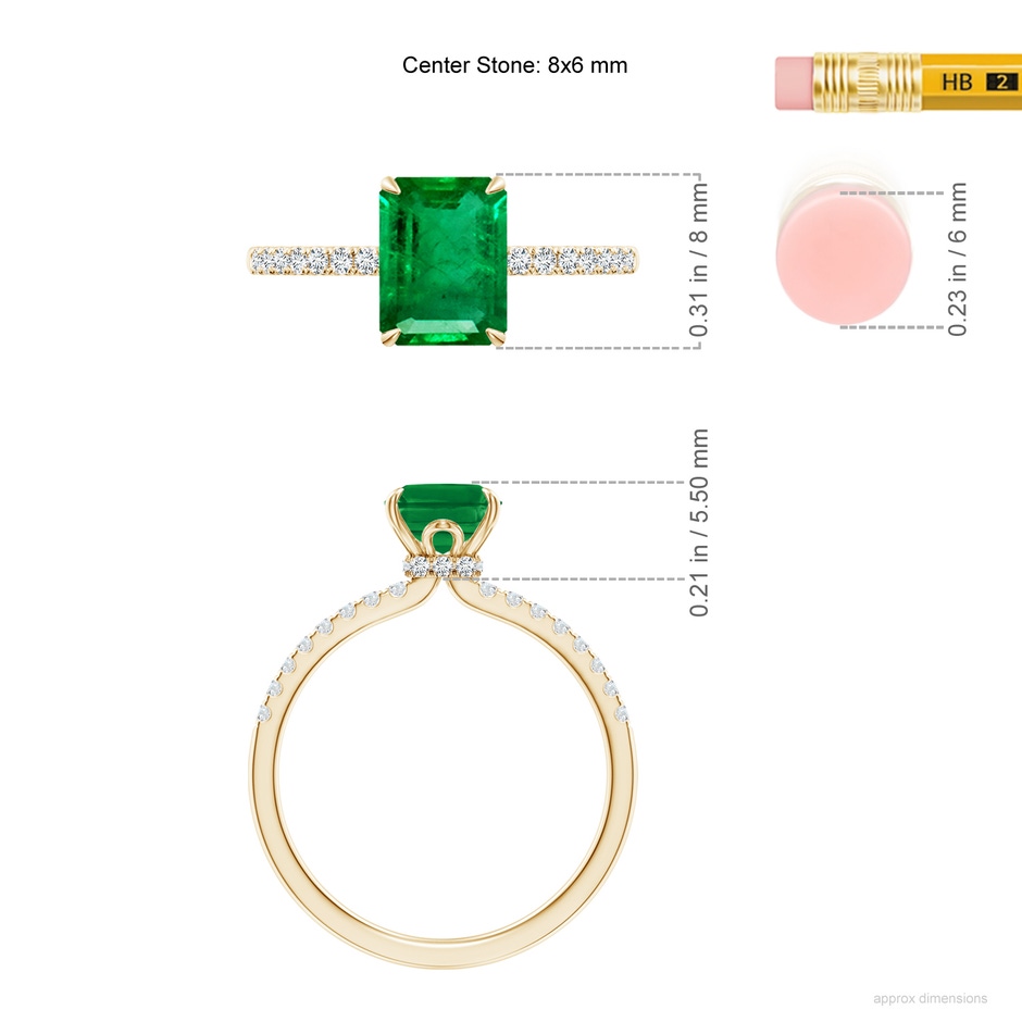8x6mm AAA Emerald-Cut Emerald Hidden Halo Engagement Ring in Yellow Gold ruler