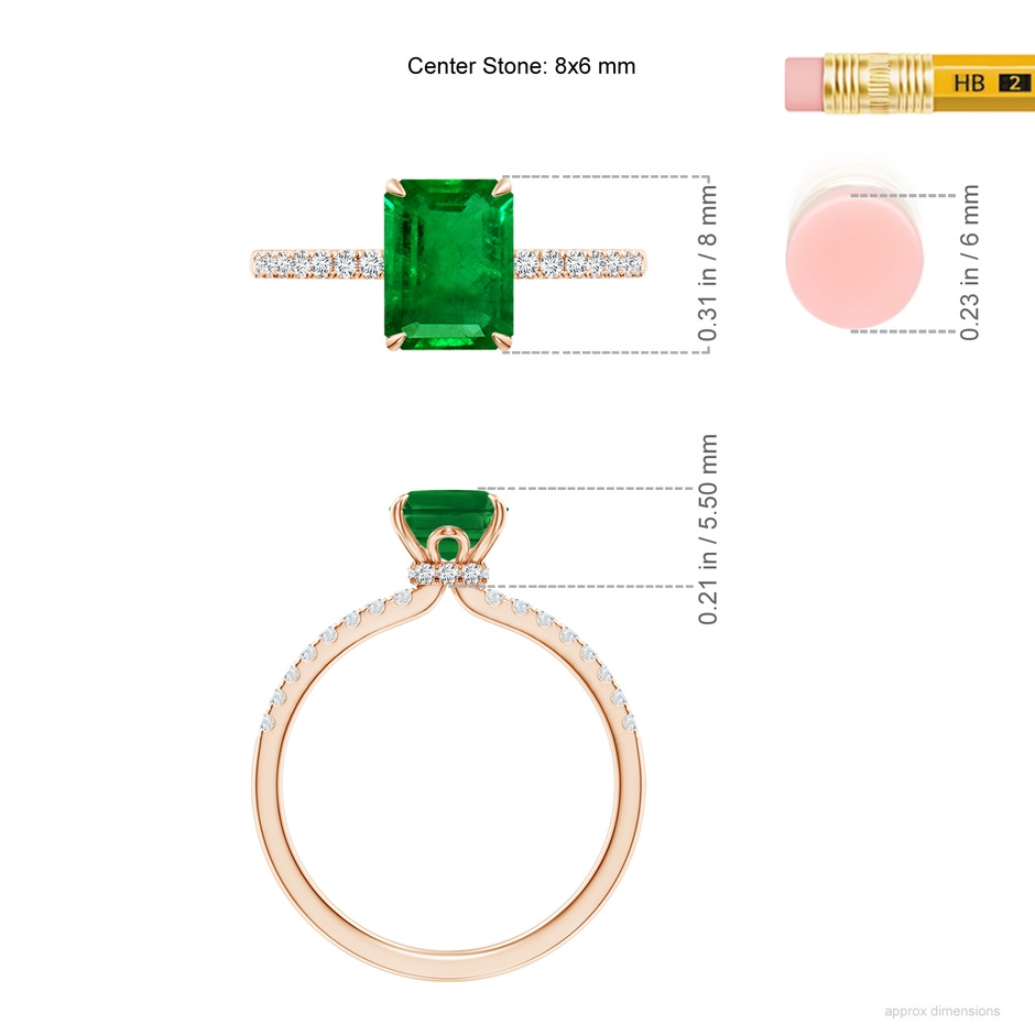 8x6mm AAAA Emerald-Cut Emerald Hidden Halo Engagement Ring in Rose Gold ruler