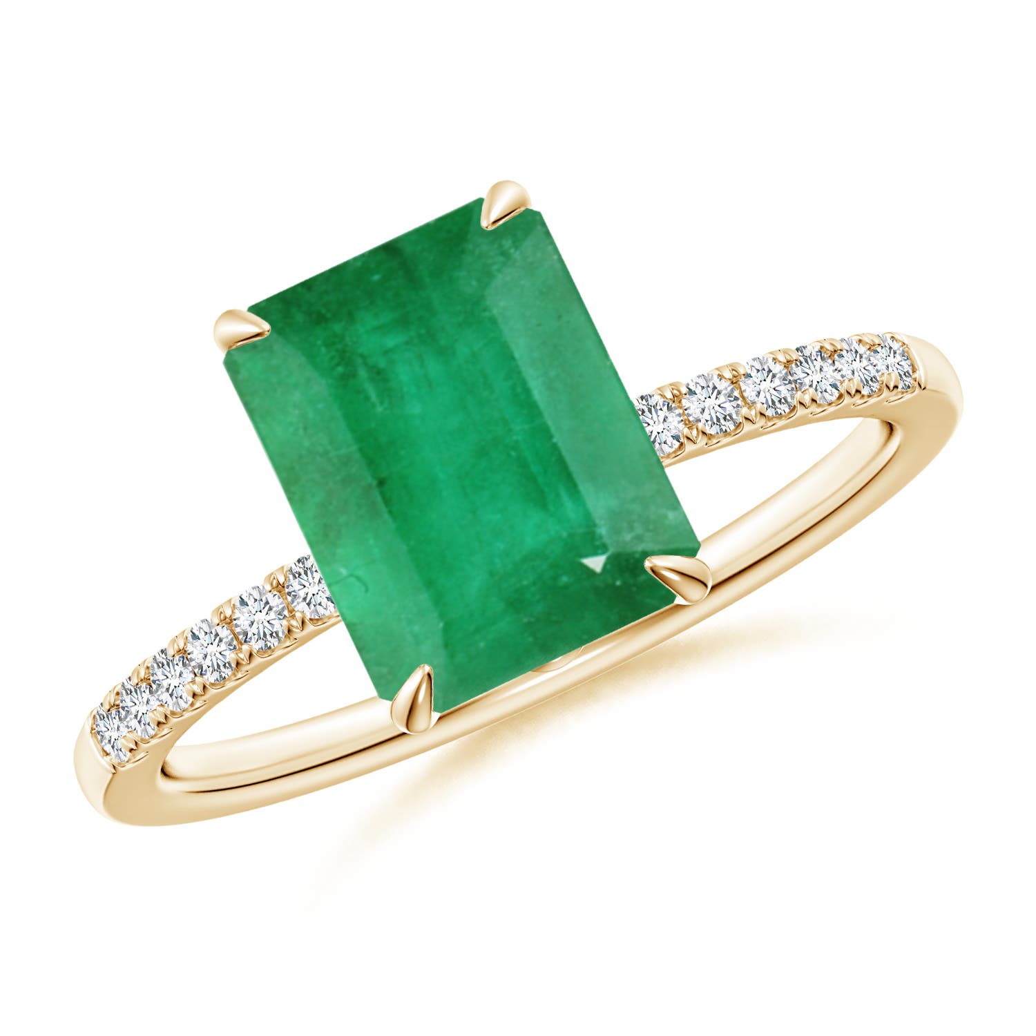 9x7mm A Emerald-Cut Emerald Hidden Halo Engagement Ring in Yellow Gold