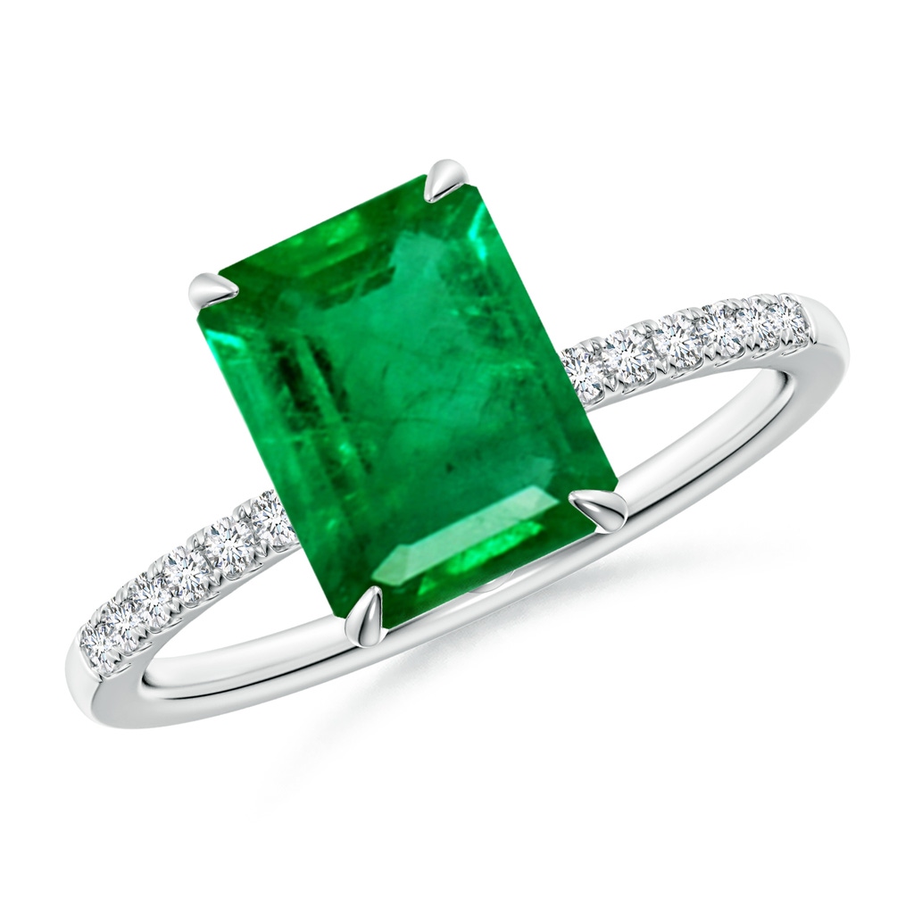 9x7mm AAA Emerald-Cut Emerald Hidden Halo Engagement Ring in White Gold