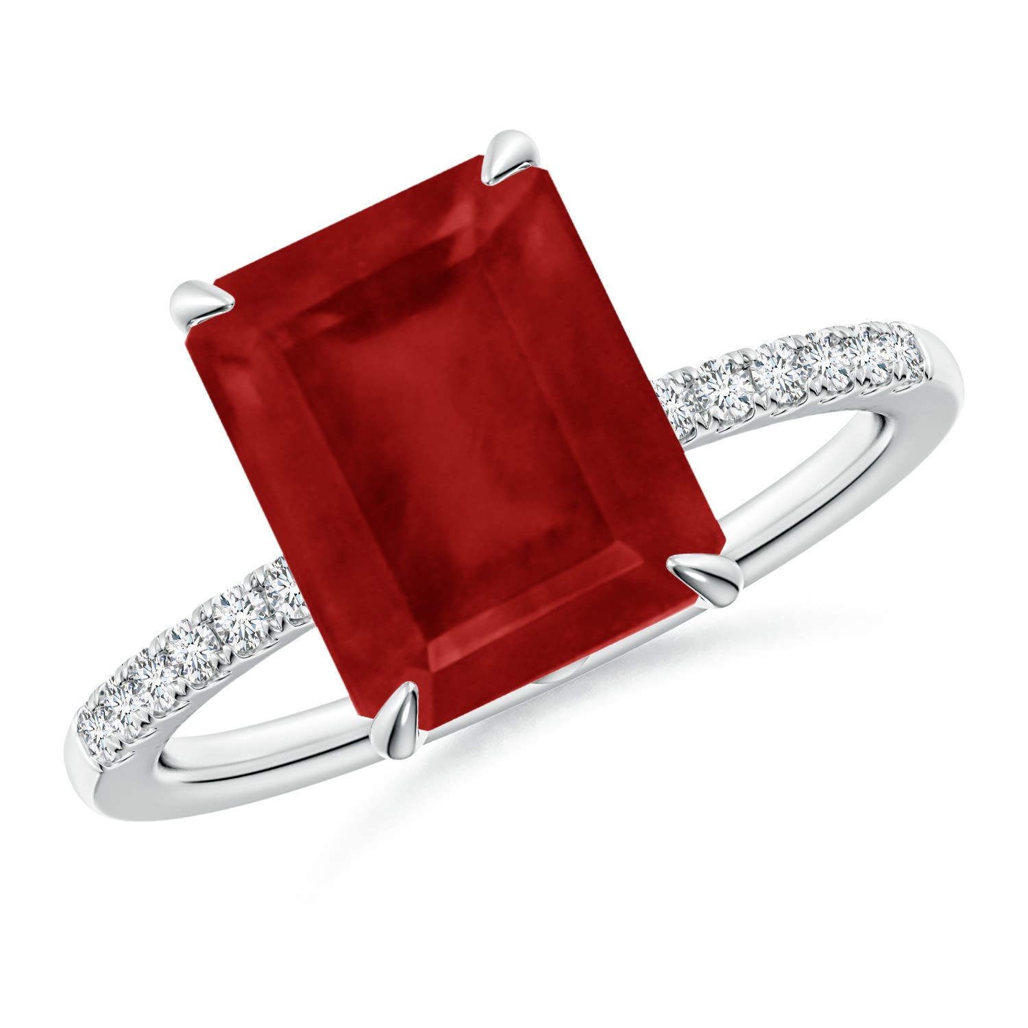10x8mm AA Emerald-Cut Ruby Hidden Halo Engagement Ring in 18K White Gold