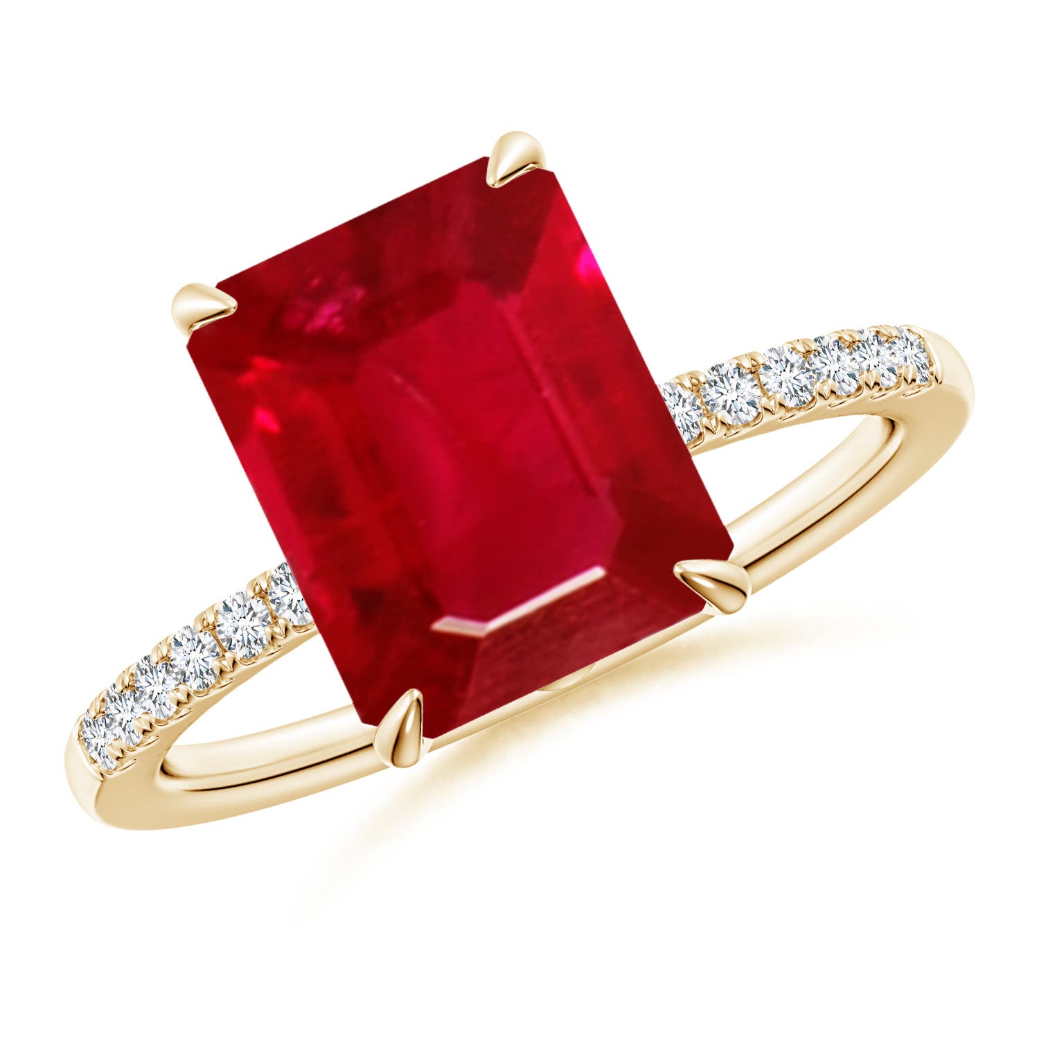 10x8mm AAA Emerald-Cut Ruby Hidden Halo Engagement Ring in Yellow Gold