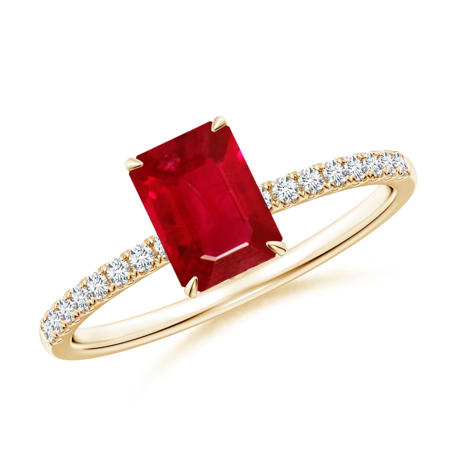 7x5mm AAA Emerald-Cut Ruby Hidden Halo Engagement Ring in 18K Yellow Gold