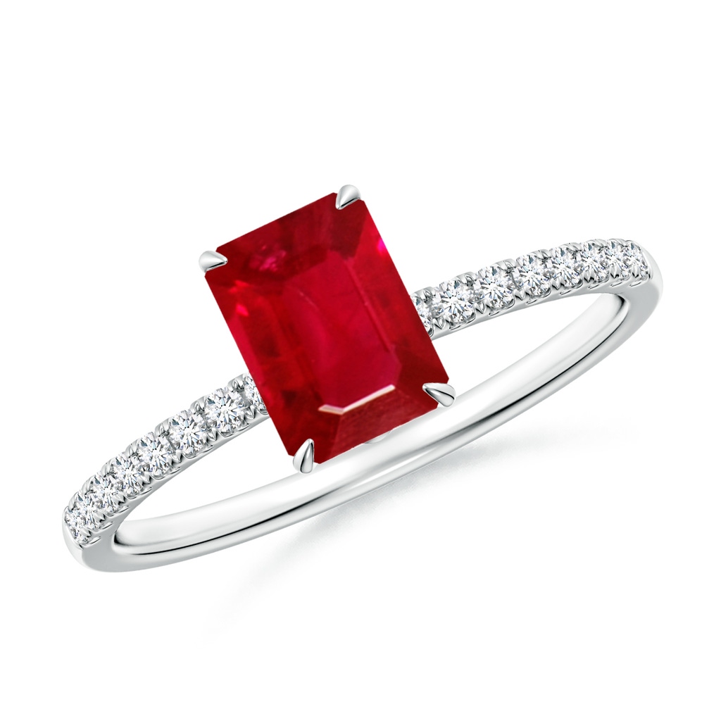 7x5mm AAA Emerald-Cut Ruby Hidden Halo Engagement Ring in White Gold