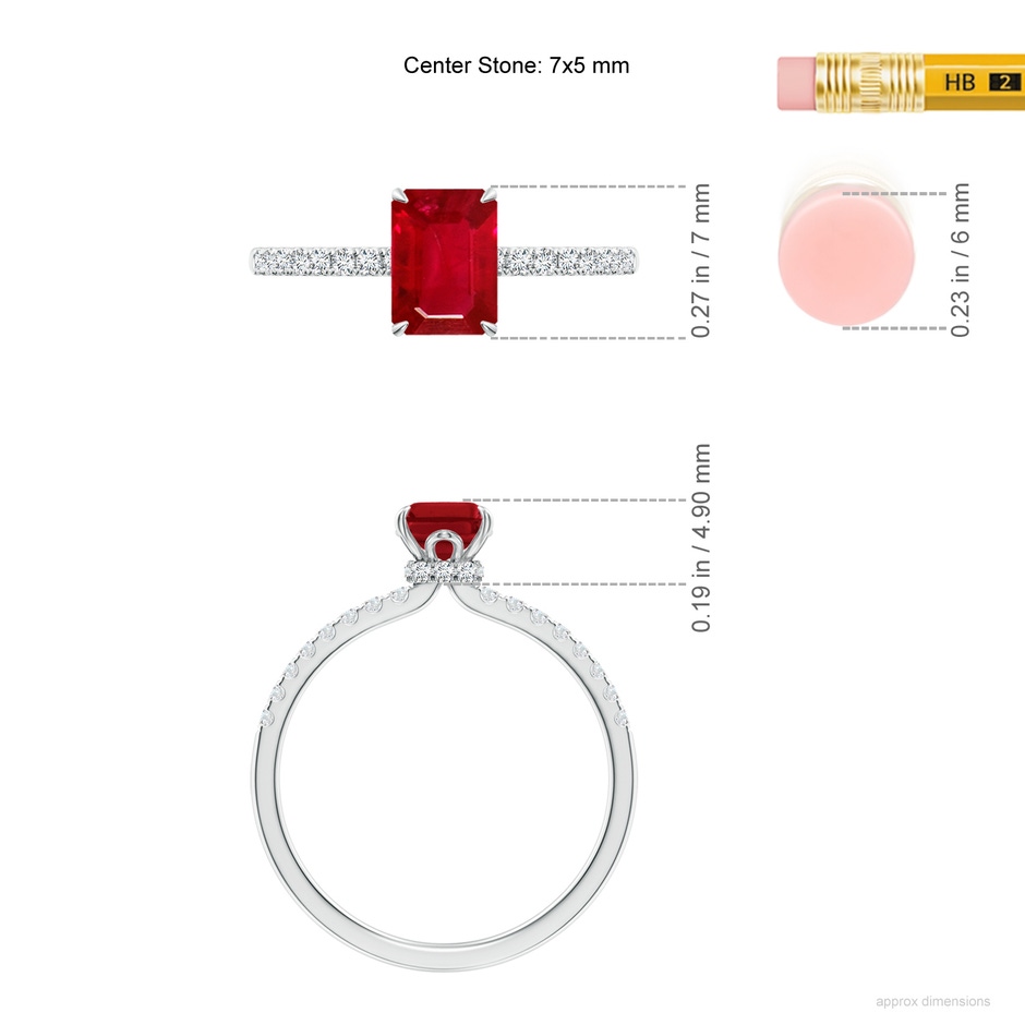 7x5mm AAA Emerald-Cut Ruby Hidden Halo Engagement Ring in White Gold ruler