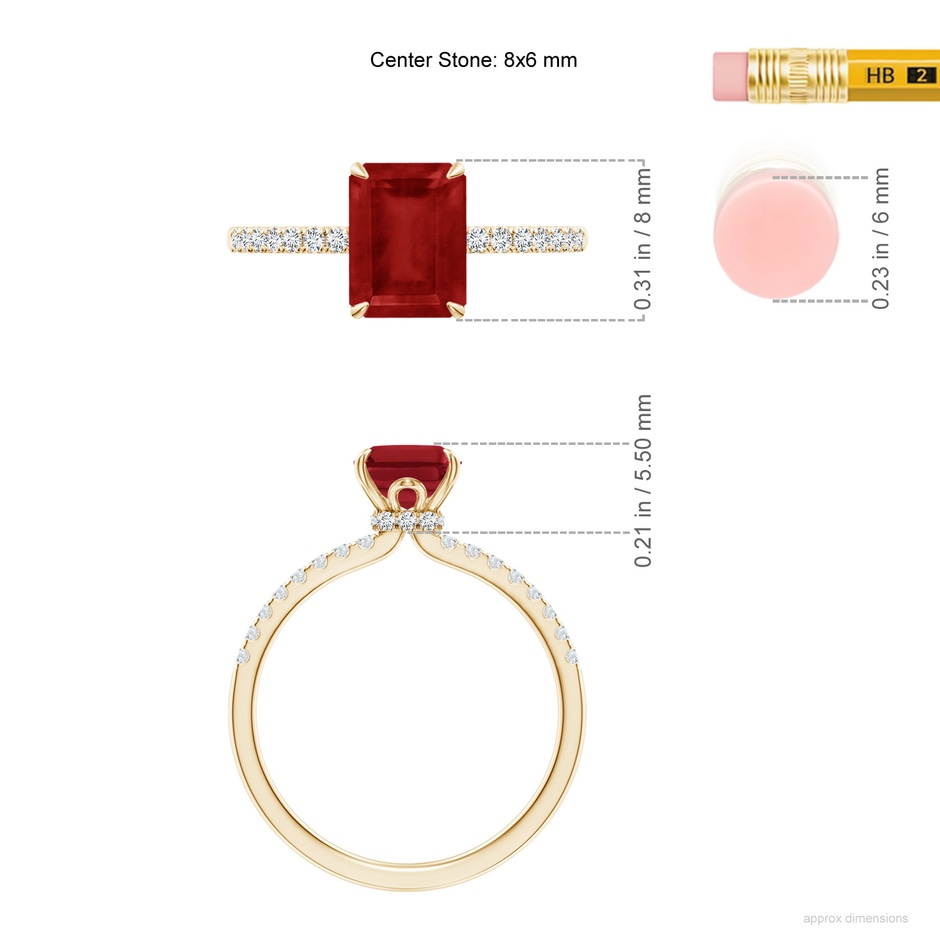 8x6mm AA Emerald-Cut Ruby Hidden Halo Engagement Ring in Yellow Gold ruler