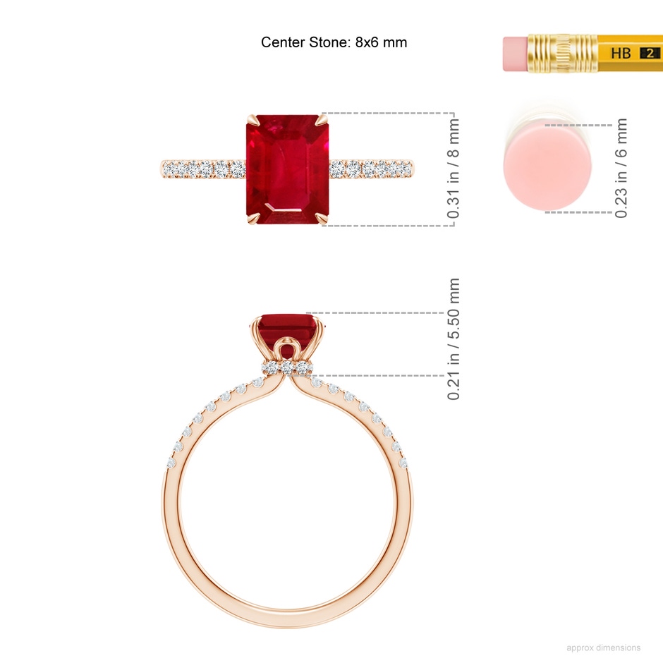 8x6mm AAA Emerald-Cut Ruby Hidden Halo Engagement Ring in Rose Gold ruler
