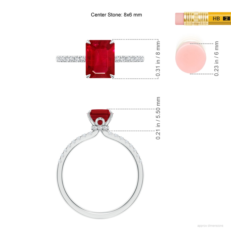 8x6mm AAA Emerald-Cut Ruby Hidden Halo Engagement Ring in White Gold ruler
