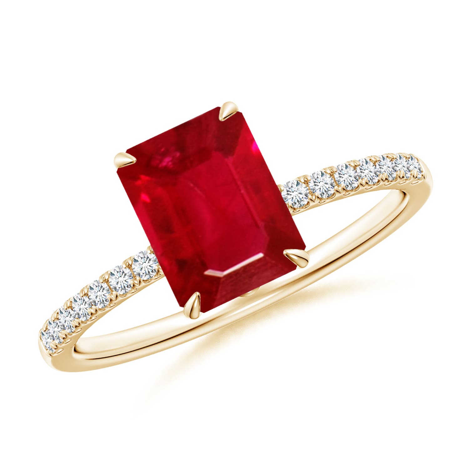 8x6mm AAA Emerald-Cut Ruby Hidden Halo Engagement Ring in Yellow Gold