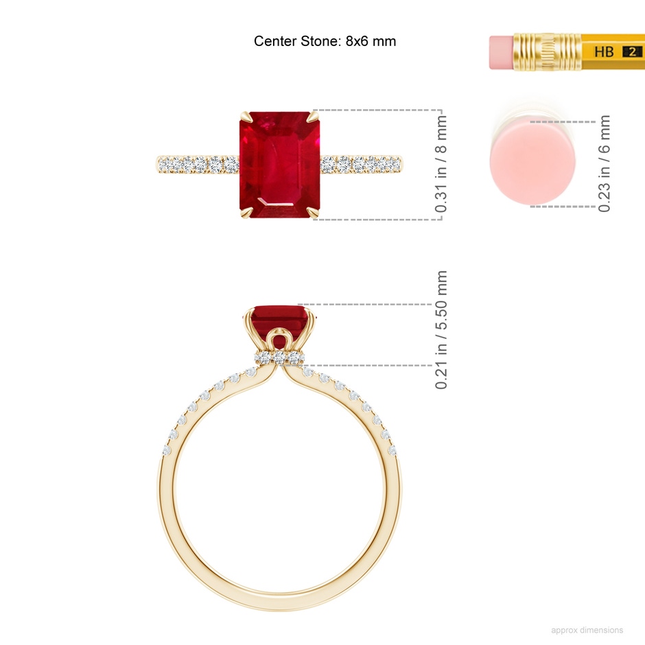8x6mm AAA Emerald-Cut Ruby Hidden Halo Engagement Ring in Yellow Gold ruler