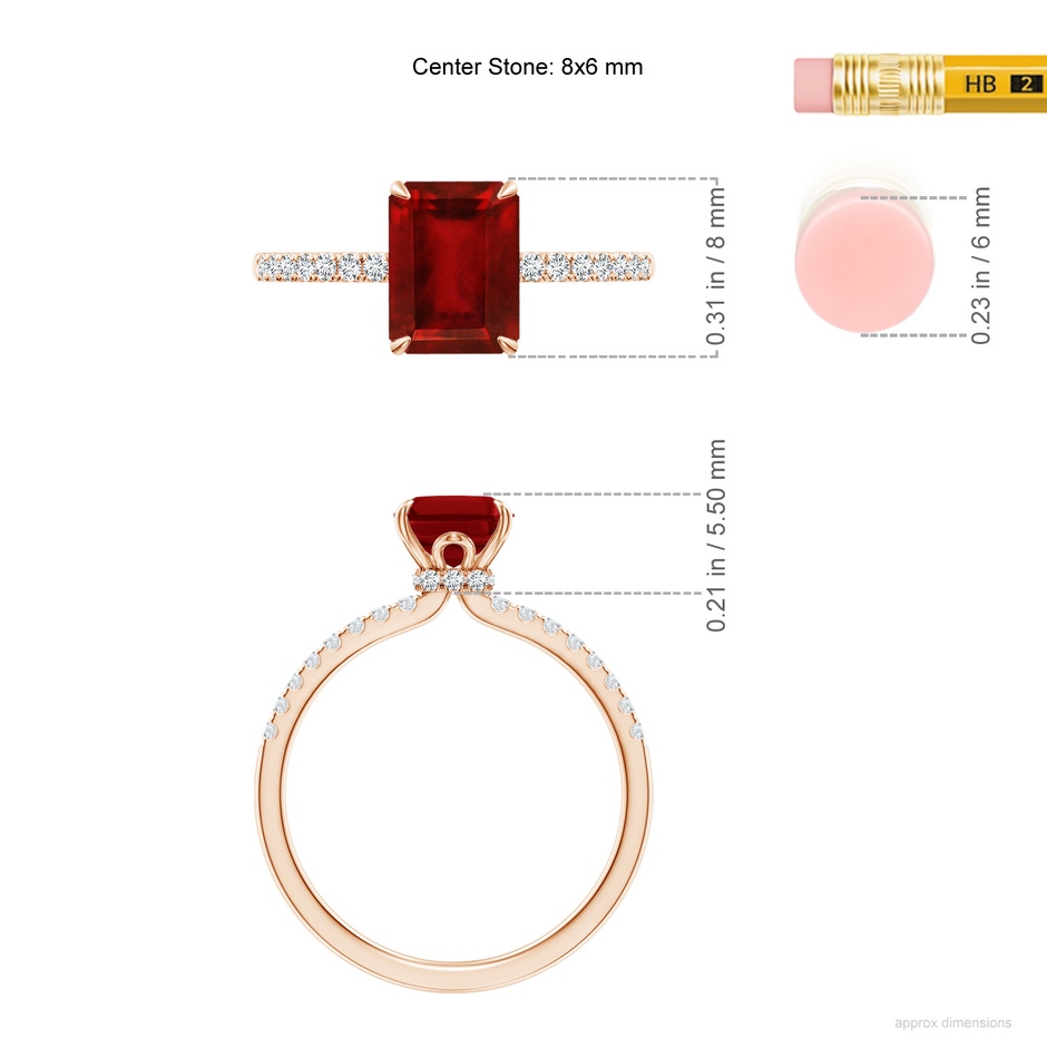 8x6mm AAAA Emerald-Cut Ruby Hidden Halo Engagement Ring in Rose Gold ruler