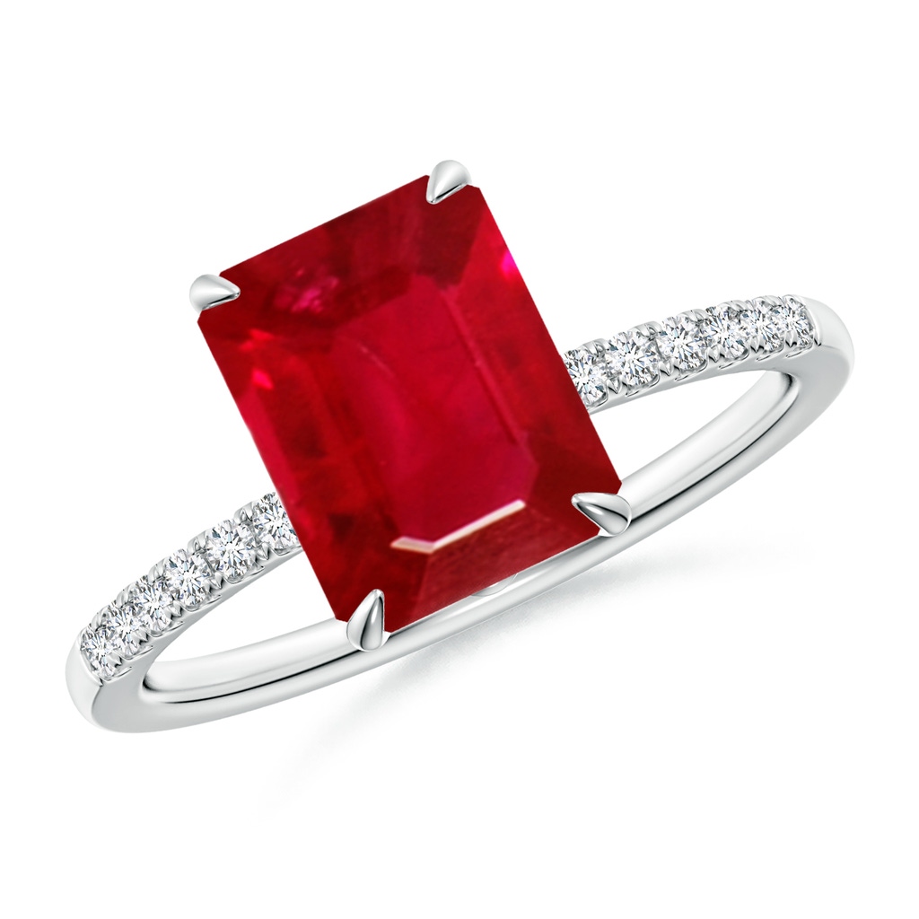 9x7mm AAA Emerald-Cut Ruby Hidden Halo Engagement Ring in White Gold