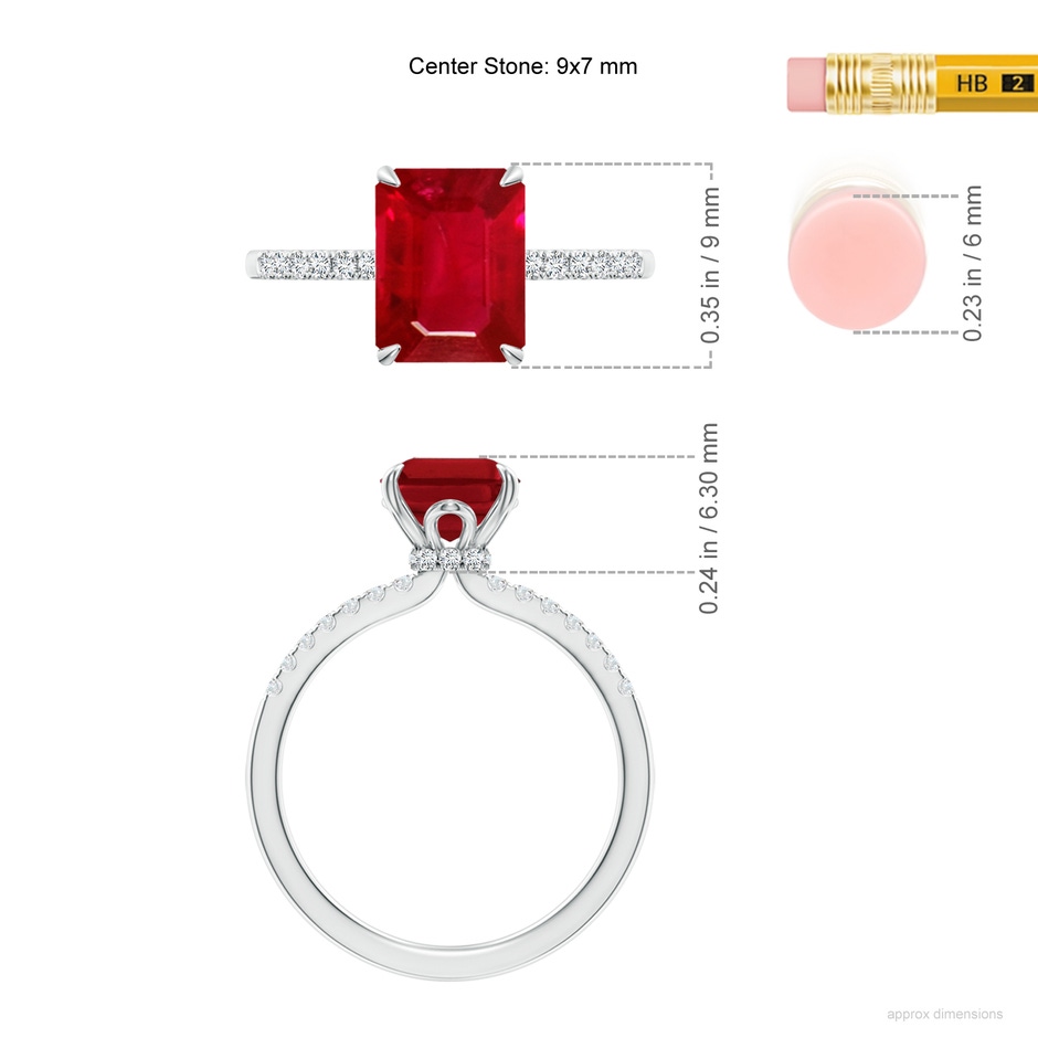 9x7mm AAA Emerald-Cut Ruby Hidden Halo Engagement Ring in White Gold ruler