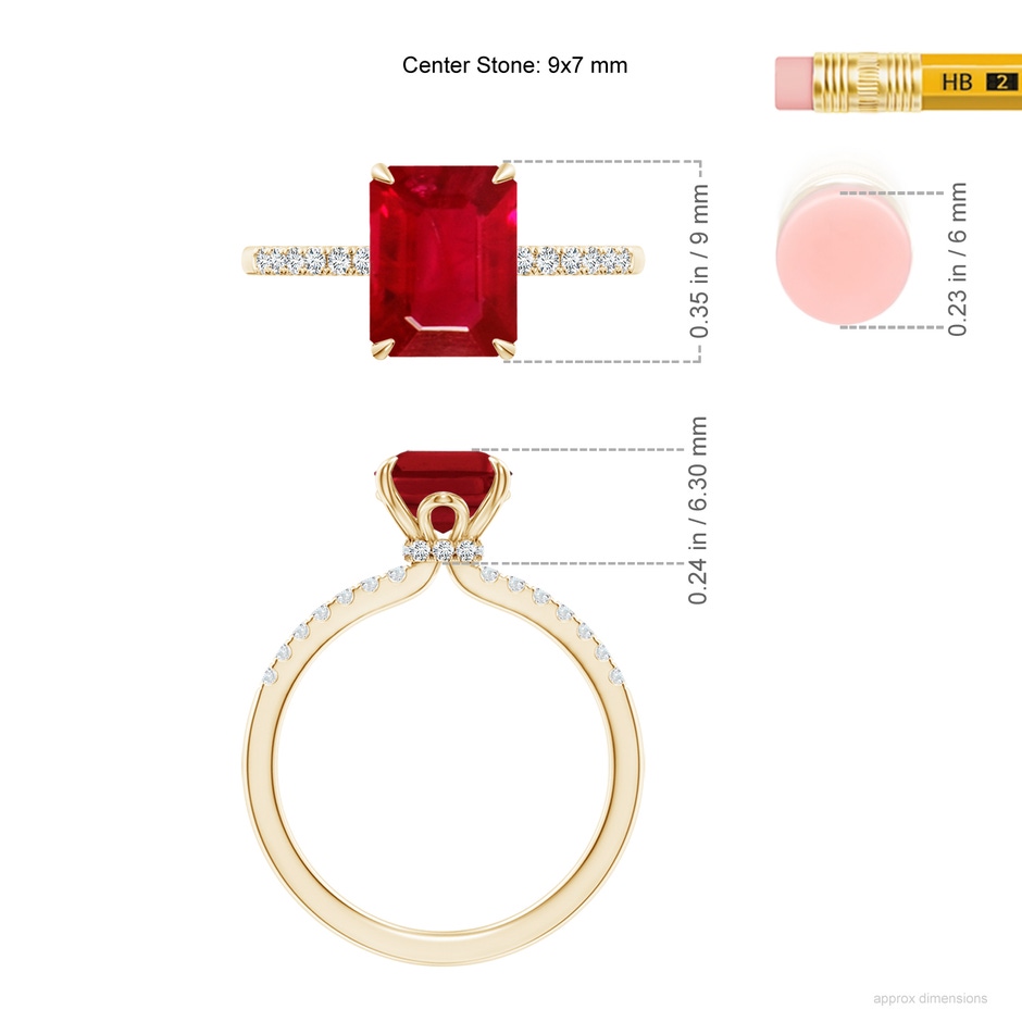 9x7mm AAA Emerald-Cut Ruby Hidden Halo Engagement Ring in Yellow Gold ruler