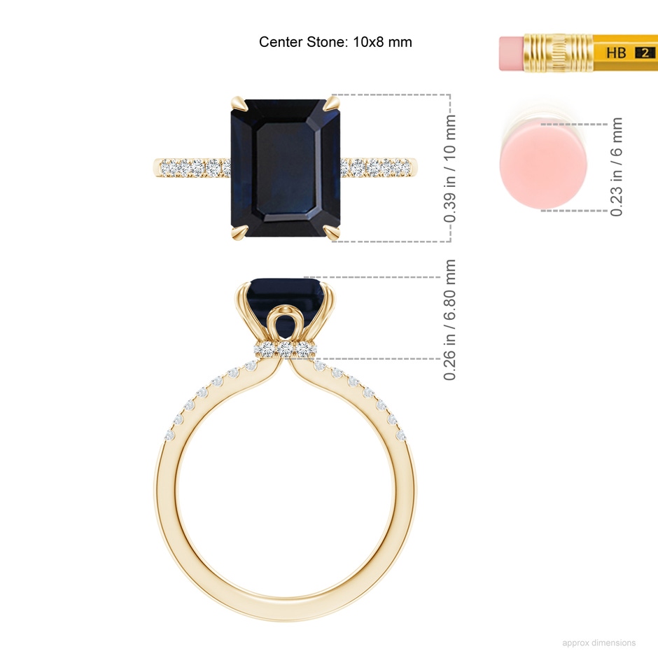 10x8mm A Emerald-Cut Blue Sapphire Hidden Halo Engagement Ring in 18K Yellow Gold ruler