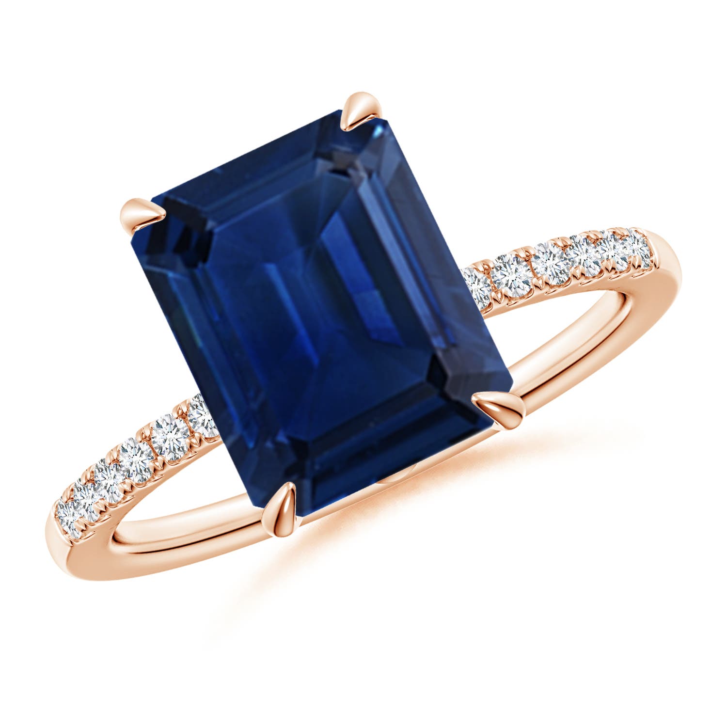 10x8mm AAA Emerald-Cut Blue Sapphire Hidden Halo Engagement Ring in Rose Gold