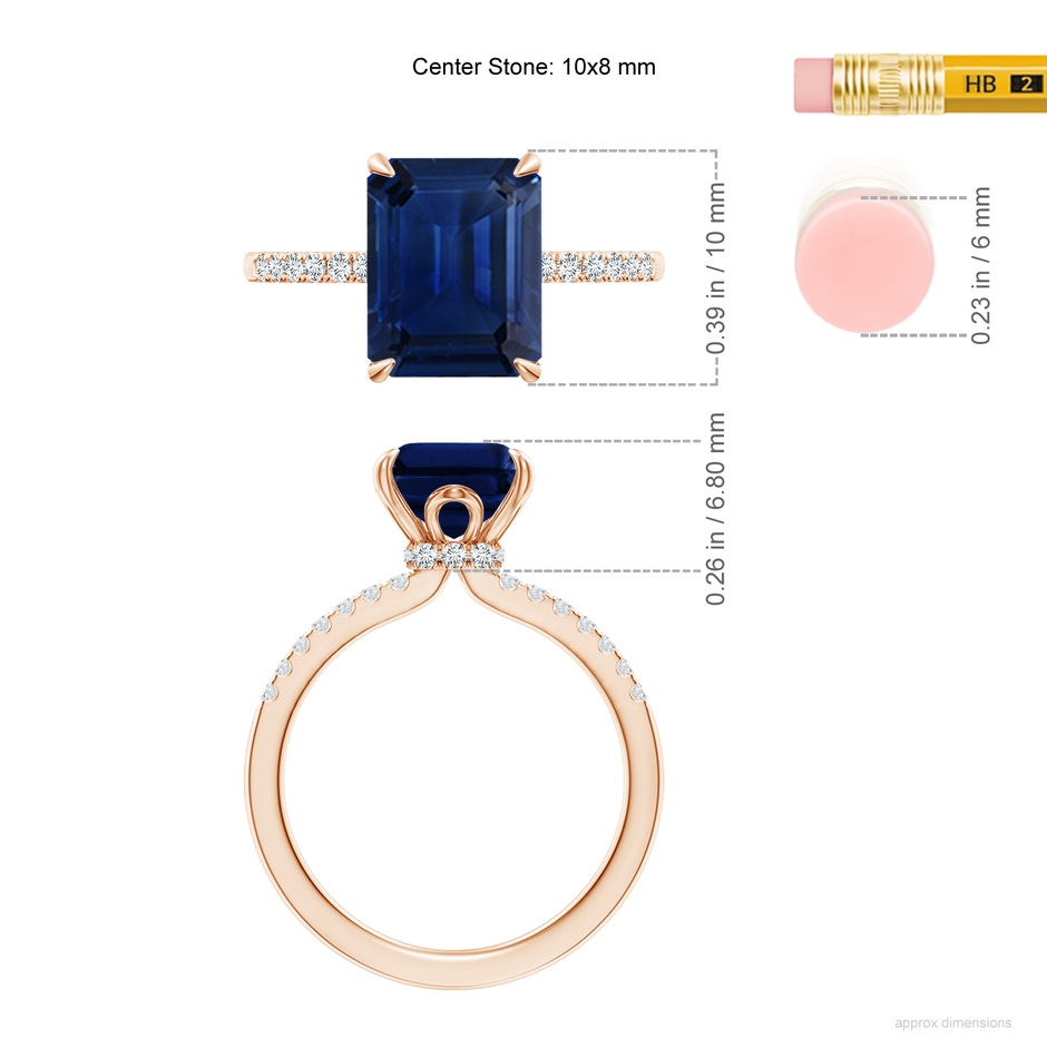 10x8mm AAA Emerald-Cut Blue Sapphire Hidden Halo Engagement Ring in Rose Gold ruler