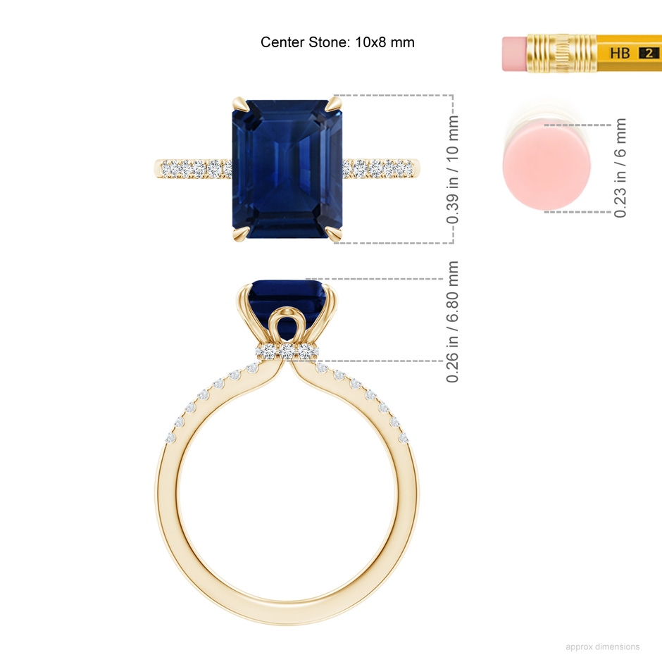 10x8mm AAA Emerald-Cut Blue Sapphire Hidden Halo Engagement Ring in Yellow Gold ruler