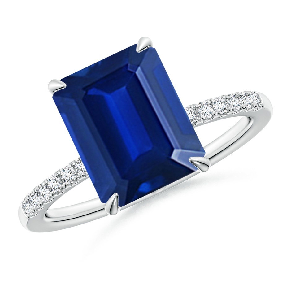 10x8mm Lab-Grown Emerald-Cut Blue Sapphire Hidden Halo Engagement Ring in 18K White Gold 