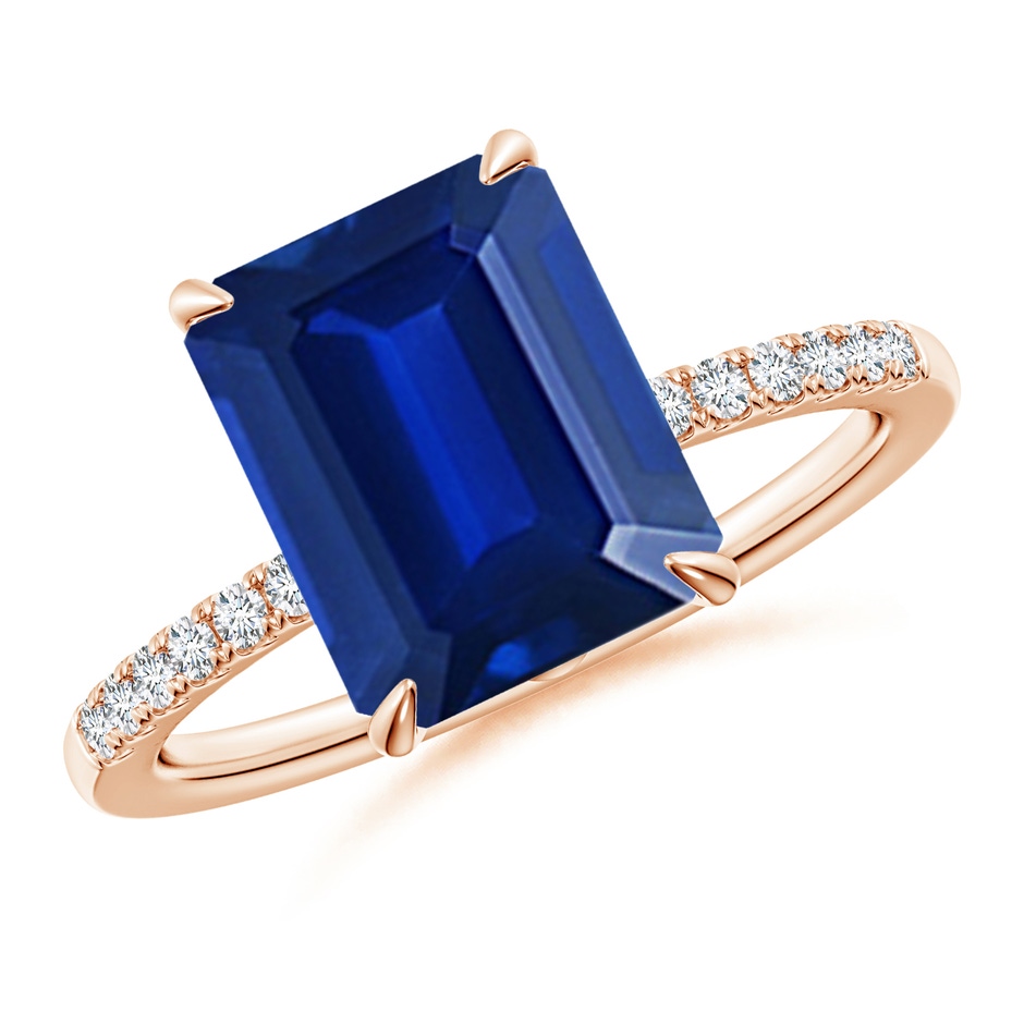 10x8mm AAAA Emerald-Cut Blue Sapphire Hidden Halo Engagement Ring in Rose Gold 