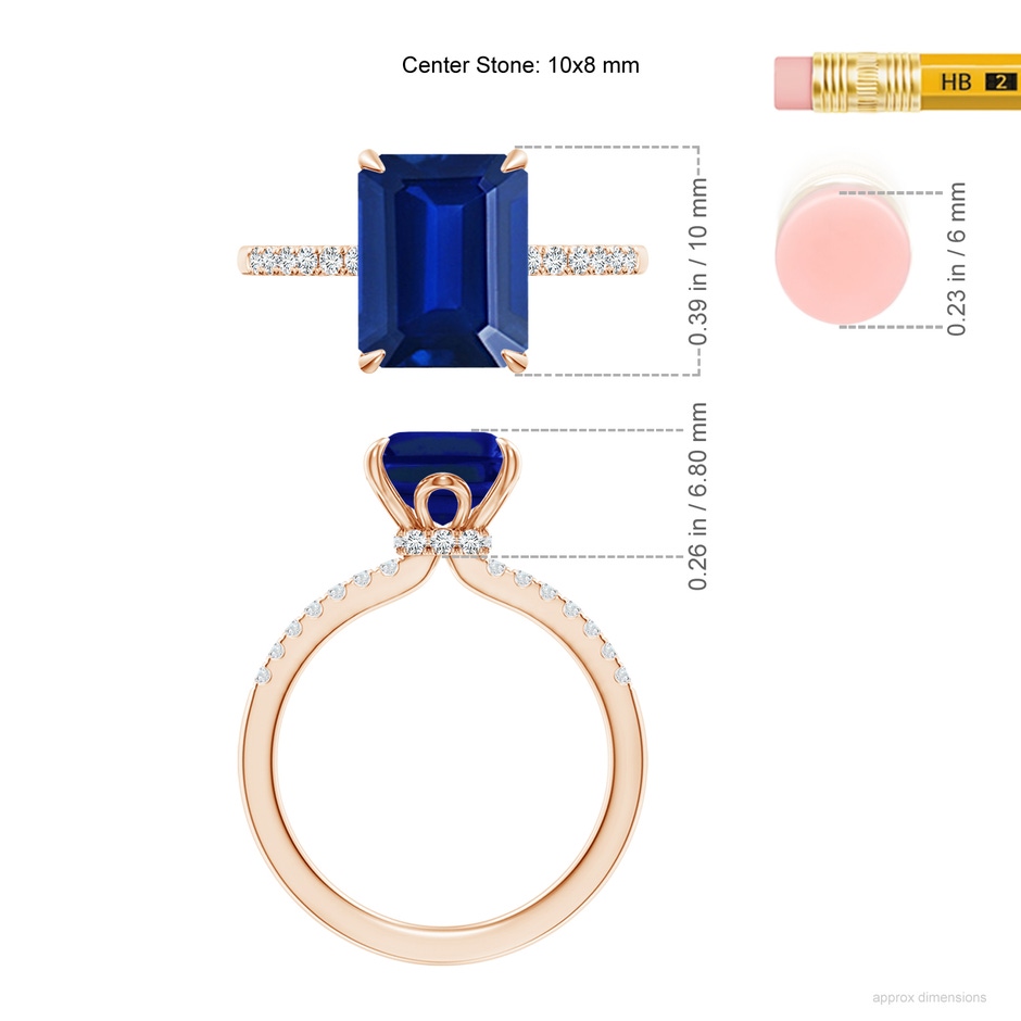 10x8mm AAAA Emerald-Cut Blue Sapphire Hidden Halo Engagement Ring in Rose Gold ruler