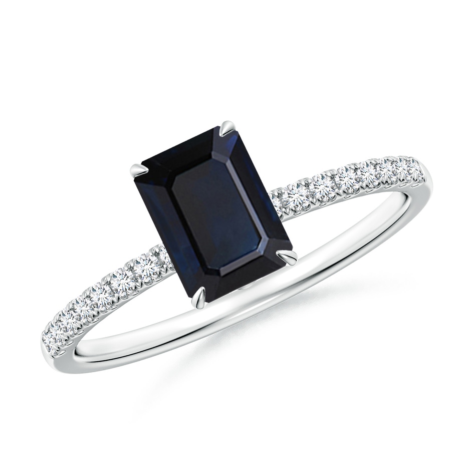 7x5mm A Emerald-Cut Blue Sapphire Hidden Halo Engagement Ring in White Gold 