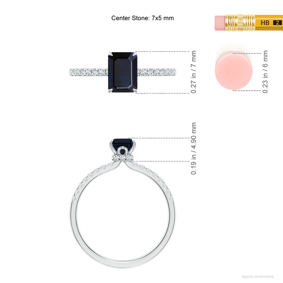 7x5mm A Emerald-Cut Blue Sapphire Hidden Halo Engagement Ring in White Gold ruler