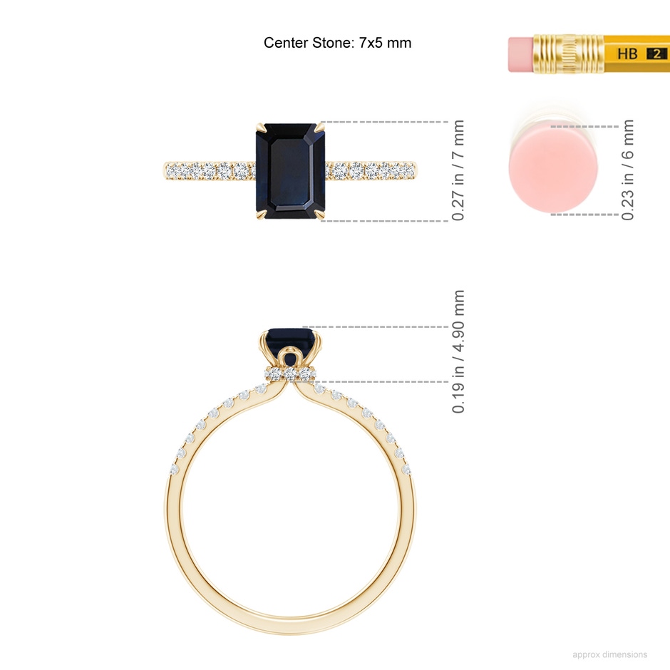 7x5mm A Emerald-Cut Blue Sapphire Hidden Halo Engagement Ring in Yellow Gold ruler