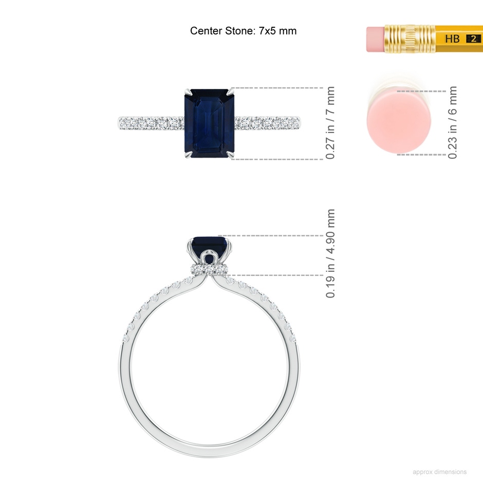7x5mm AA Emerald-Cut Blue Sapphire Hidden Halo Engagement Ring in White Gold ruler