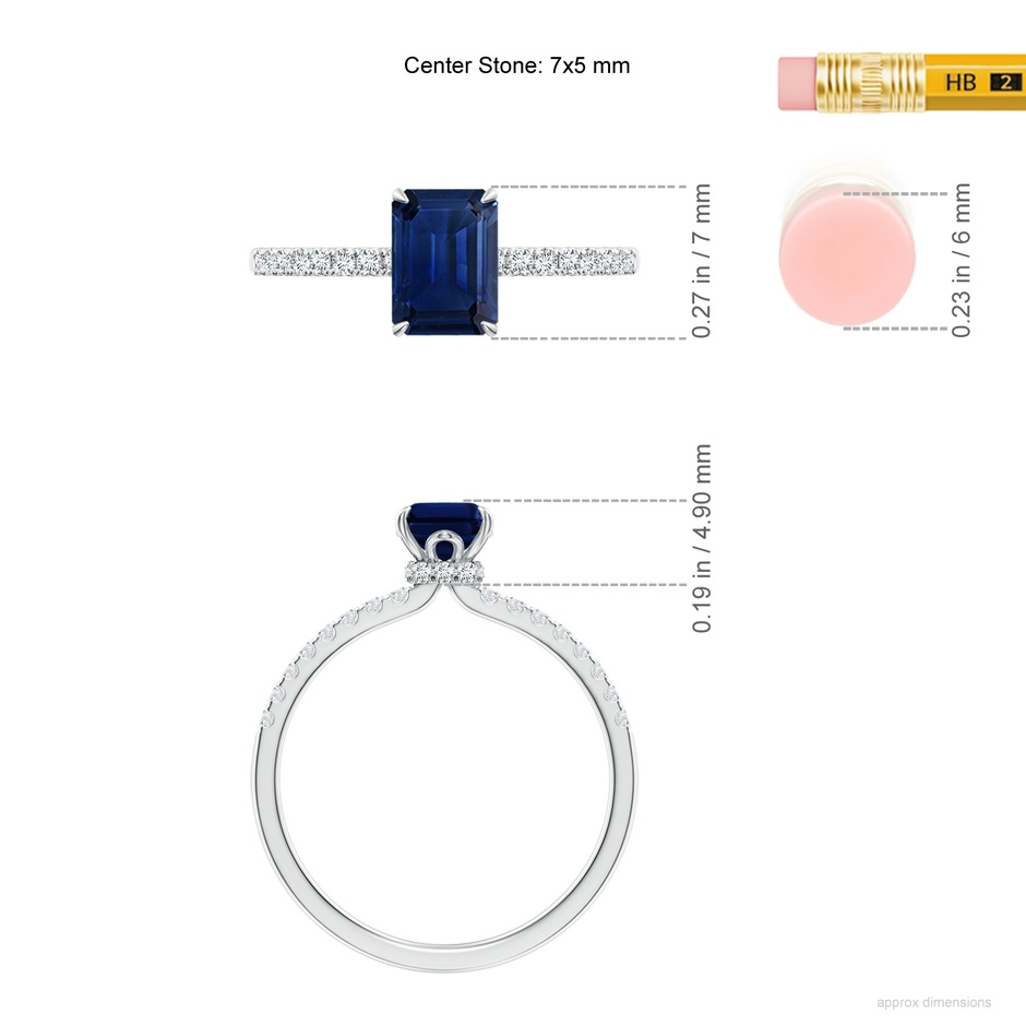 7x5mm AAA Emerald-Cut Blue Sapphire Hidden Halo Engagement Ring in 18K White Gold ruler