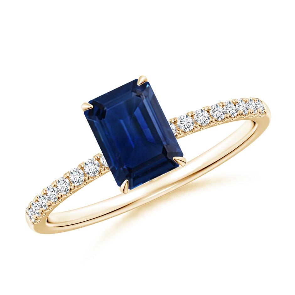 7x5mm AAA Emerald-Cut Blue Sapphire Hidden Halo Engagement Ring in Yellow Gold 