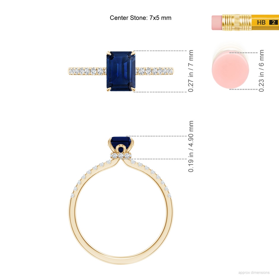 7x5mm AAA Emerald-Cut Blue Sapphire Hidden Halo Engagement Ring in Yellow Gold ruler