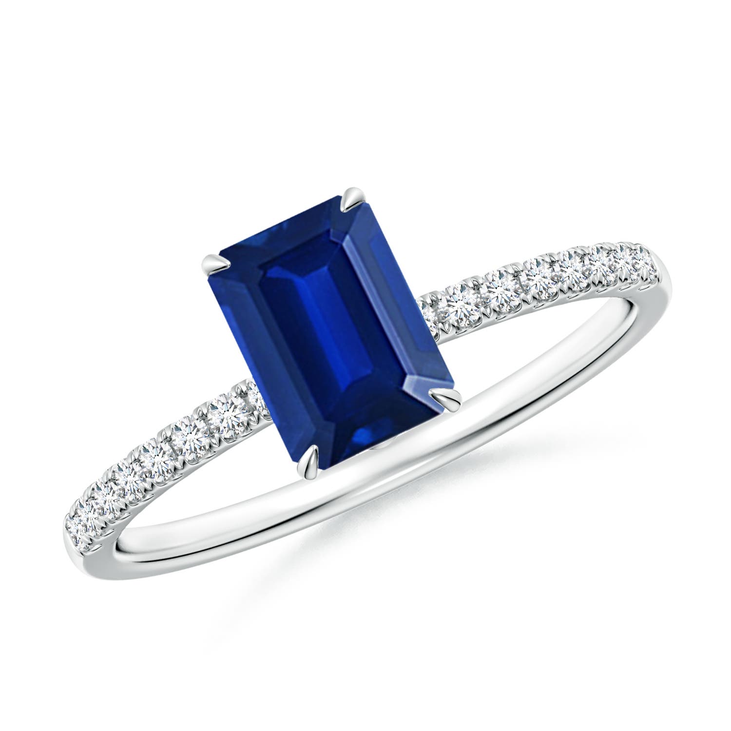 7x5mm AAAA Emerald-Cut Blue Sapphire Hidden Halo Engagement Ring in 18K White Gold