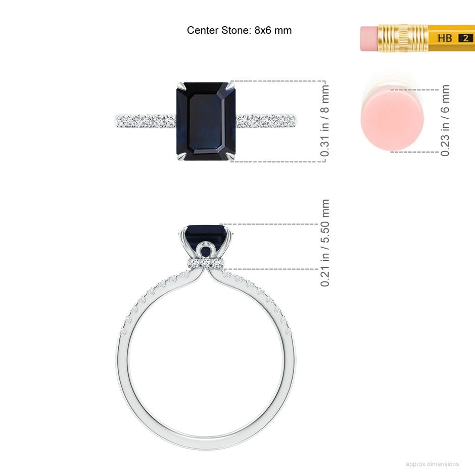 8x6mm A Emerald-Cut Blue Sapphire Hidden Halo Engagement Ring in White Gold ruler