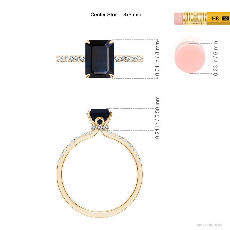8x6mm A Emerald-Cut Blue Sapphire Hidden Halo Engagement Ring in Yellow Gold ruler