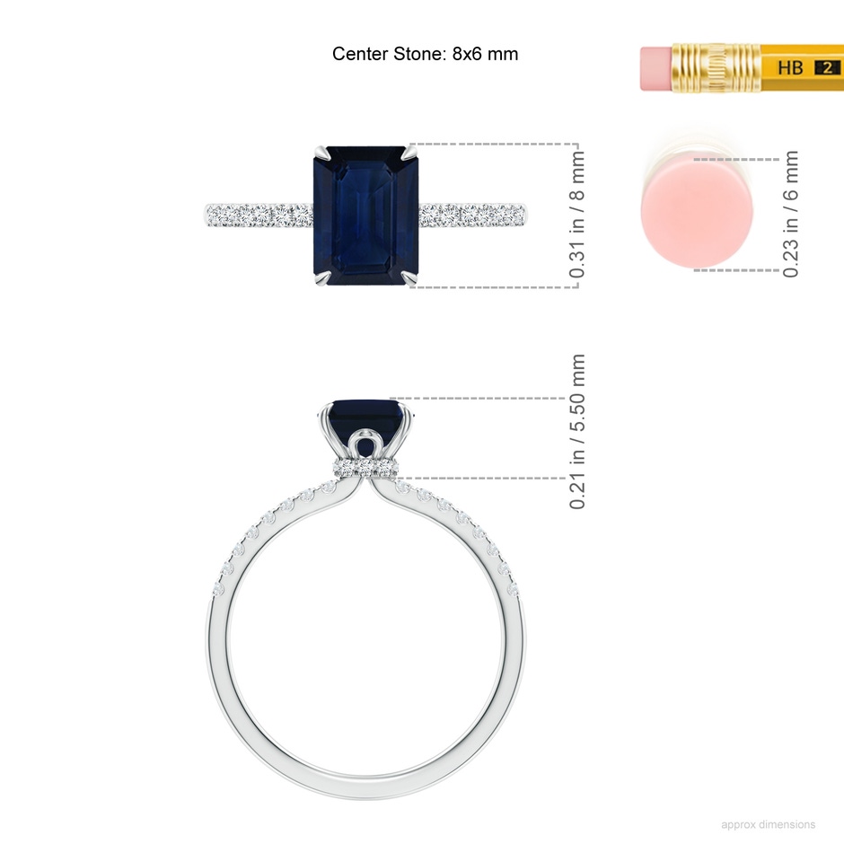 8x6mm AA Emerald-Cut Blue Sapphire Hidden Halo Engagement Ring in White Gold ruler