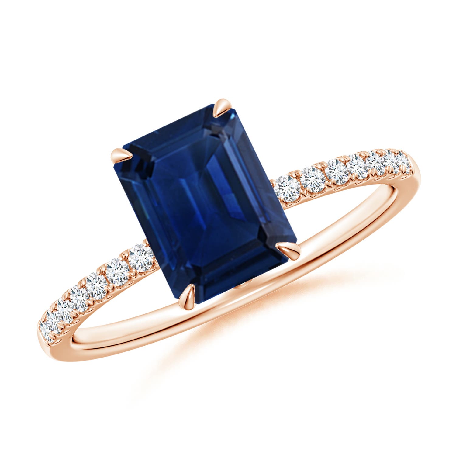 8x6mm AAA Emerald-Cut Blue Sapphire Hidden Halo Engagement Ring in 18K Rose Gold