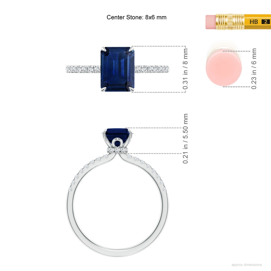8x6mm AAA Emerald-Cut Blue Sapphire Hidden Halo Engagement Ring in P950 Platinum ruler