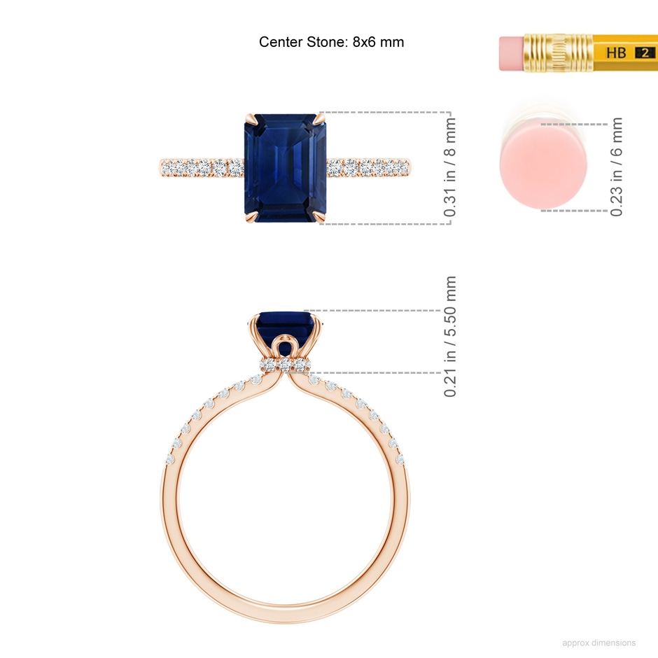 8x6mm AAA Emerald-Cut Blue Sapphire Hidden Halo Engagement Ring in Rose Gold ruler