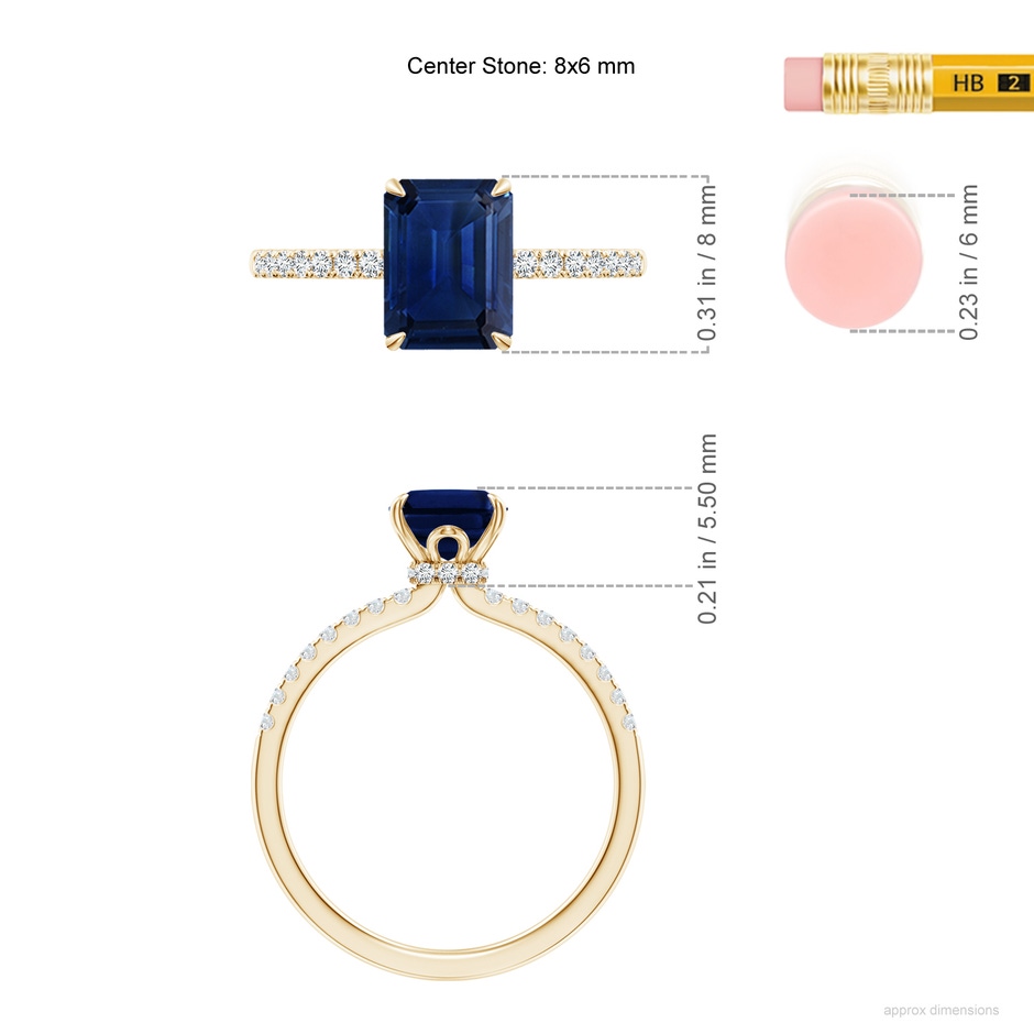 8x6mm AAA Emerald-Cut Blue Sapphire Hidden Halo Engagement Ring in Yellow Gold ruler