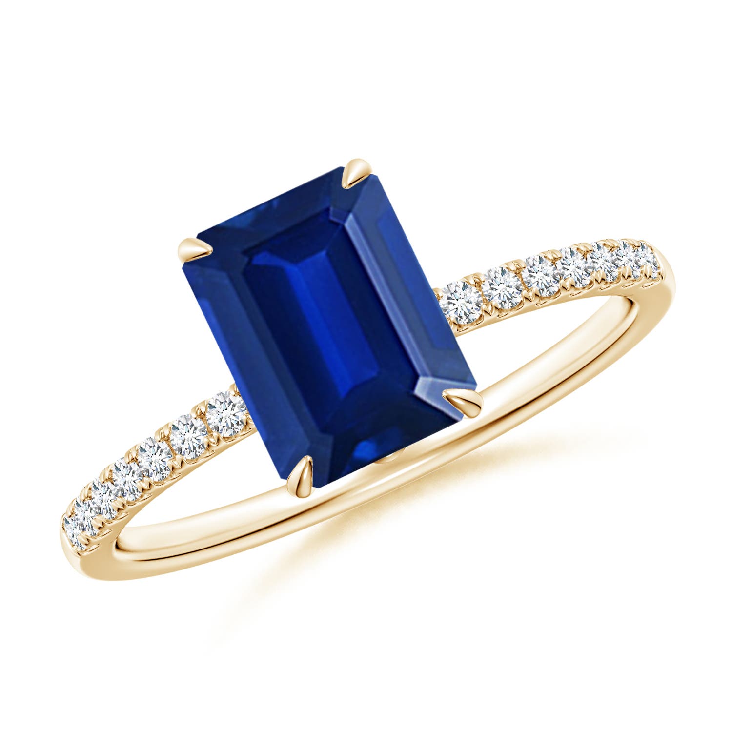 8x6mm AAAA Emerald-Cut Blue Sapphire Hidden Halo Engagement Ring in Yellow Gold