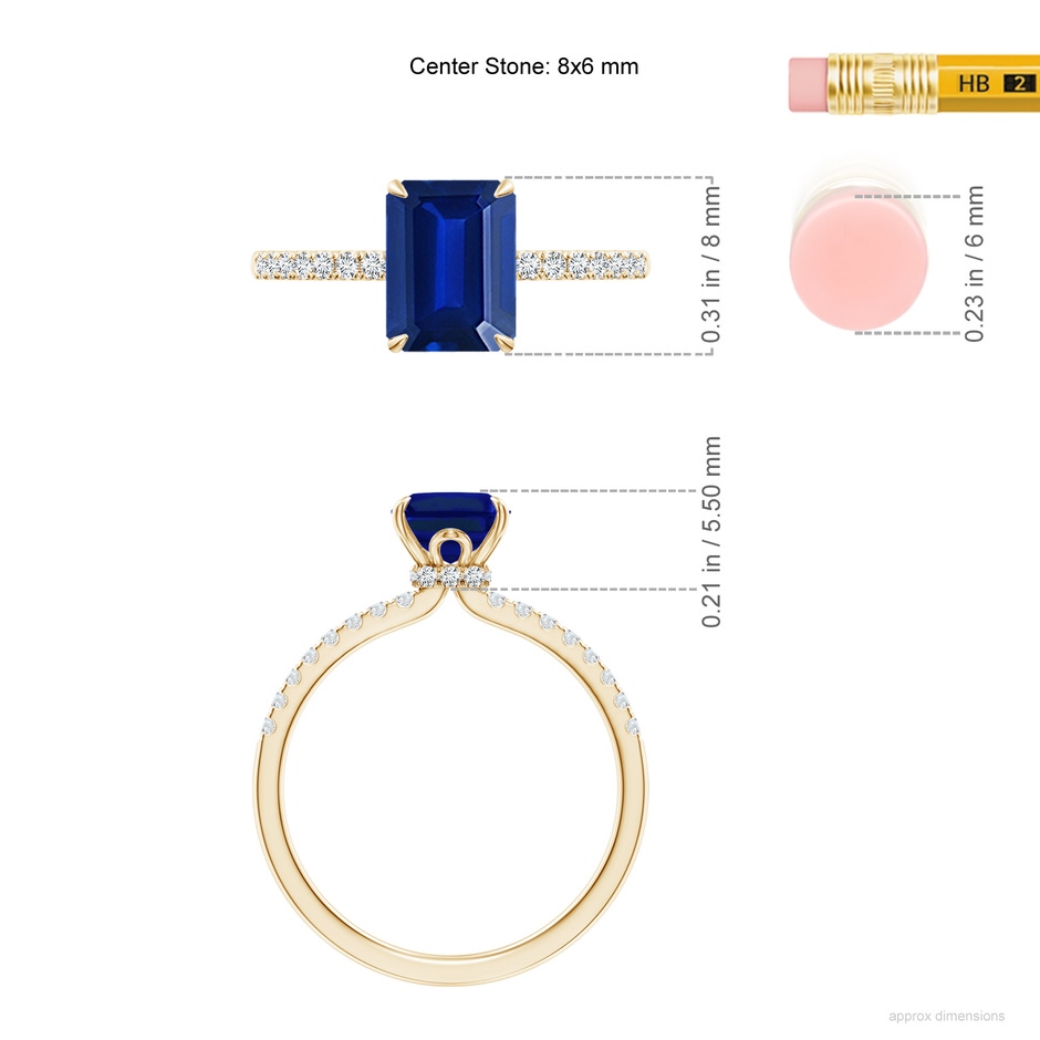 8x6mm AAAA Emerald-Cut Blue Sapphire Hidden Halo Engagement Ring in Yellow Gold ruler