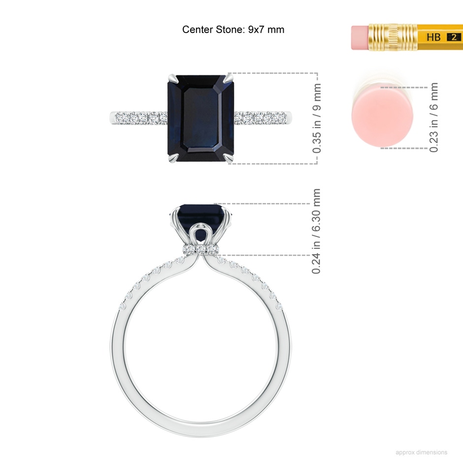 9x7mm A Emerald-Cut Blue Sapphire Hidden Halo Engagement Ring in White Gold ruler