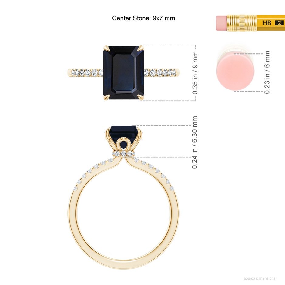 9x7mm A Emerald-Cut Blue Sapphire Hidden Halo Engagement Ring in Yellow Gold ruler